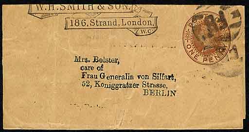 W H Smith 1890's newspaper wrapper to Mrs Bolster c/o Frau Generalin von Silfart, 52 Koniggratzer Strasse, Berlin, Germany