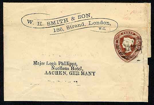 W H Smith 1890 newspaper wrapper to Major Legh Phillips, Nuellens Hotel, Aachen, Germany