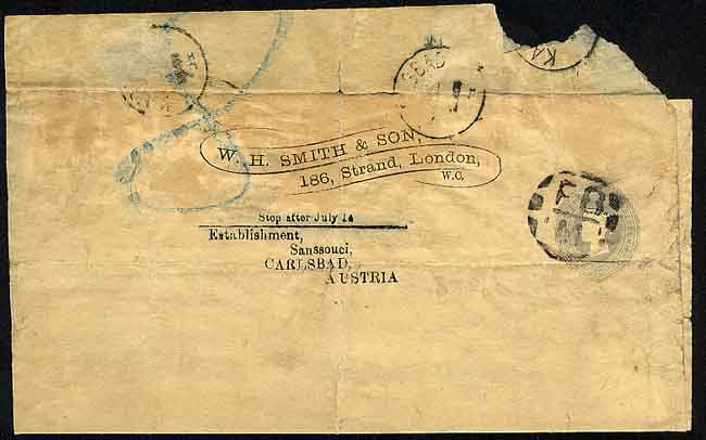 W H Smith wrapper addressed to Establishment Sanssouci, Carlsbad, Austria